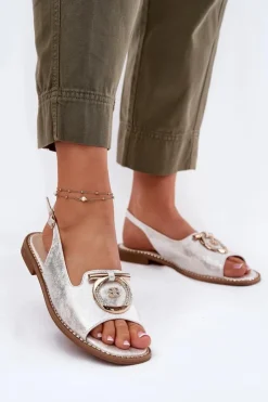 Damskie Damskie buty S.Barski Eleganckie Sandały Z Ozdobą Na Płaskim Obcasie S.Barski KV51-003 Srebrne