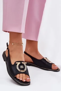 Damskie buty S.Barski Sandały Płaskie*Eleganckie Sandały Z Ozdobą Na Płaskim Obcasie S.Barski KV51-003 Czarne Czarny