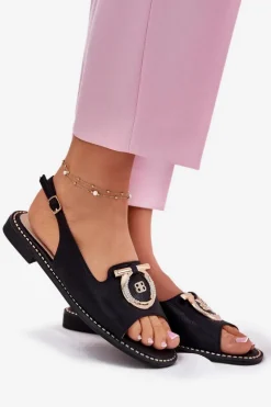 Damskie buty S.Barski Sandały Płaskie*Eleganckie Sandały Z Ozdobą Na Płaskim Obcasie S.Barski KV51-003 Czarne Czarny
