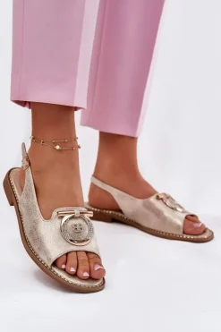 Damskie Damskie buty S.Barski Eleganckie Sandały Z Ozdobą Na Płaskim Obcasie S.Barski KV51-003 Złote