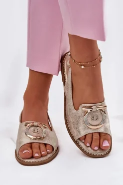 Damskie Damskie buty S.Barski Eleganckie Sandały Z Ozdobą Na Płaskim Obcasie S.Barski KV51-003 Złote