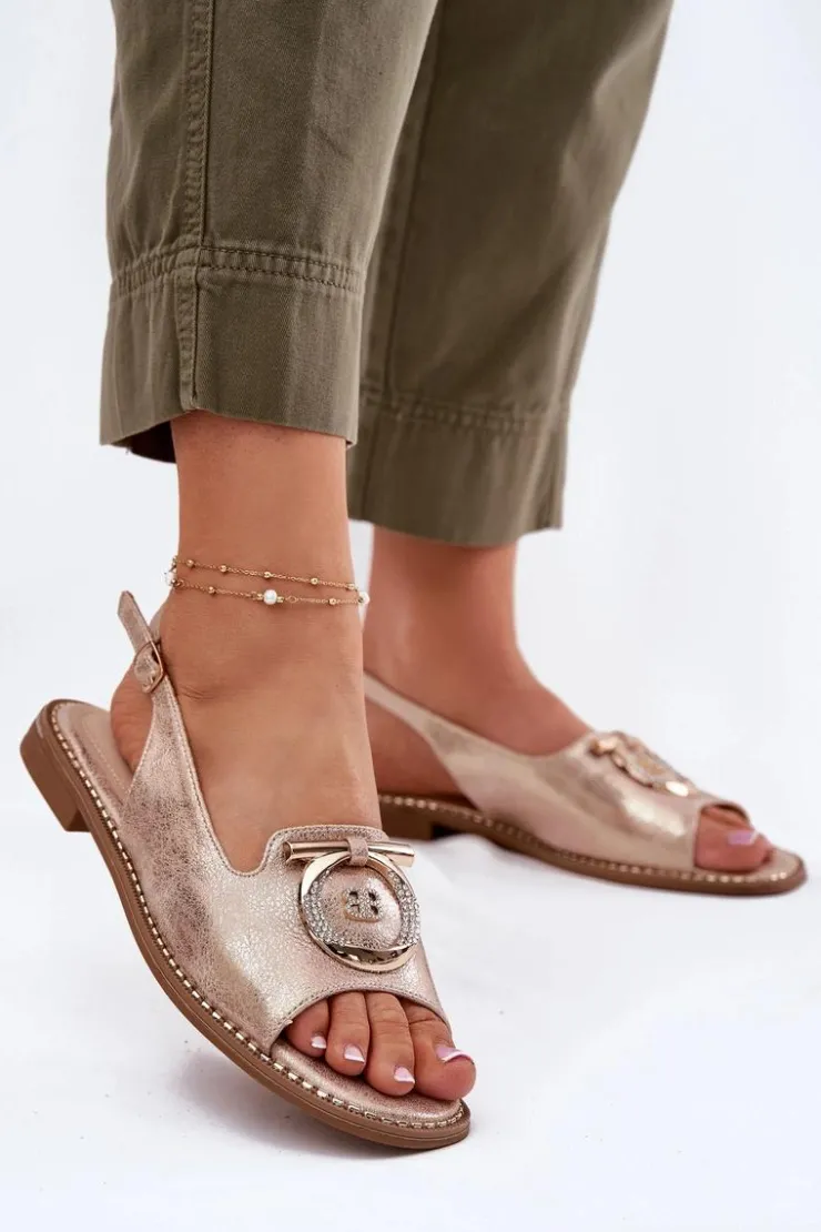 Best Damskie buty S.Barski Eleganckie Sandały Z Ozdobą Na Płaskim Obcasie S.Barski KV51-003 Różowe Złoto Złoty