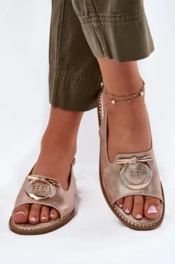 Best Damskie buty S.Barski Eleganckie Sandały Z Ozdobą Na Płaskim Obcasie S.Barski KV51-003 Różowe Złoto Złoty