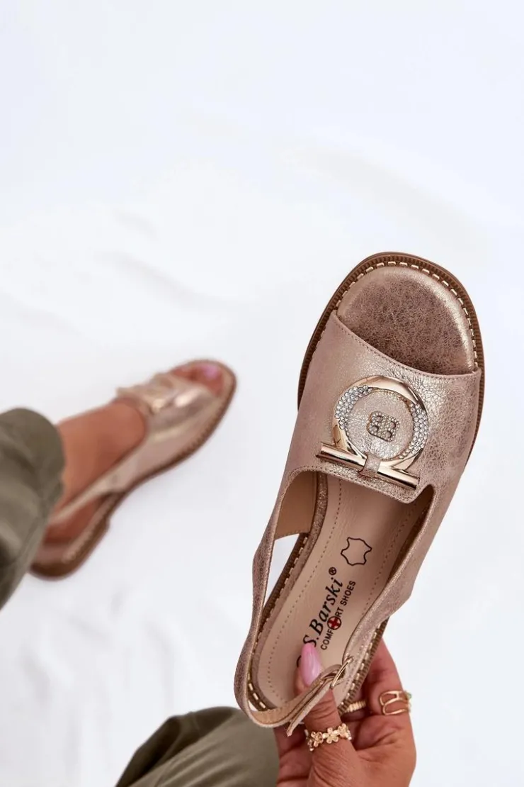 Best Damskie buty S.Barski Eleganckie Sandały Z Ozdobą Na Płaskim Obcasie S.Barski KV51-003 Różowe Złoto Złoty