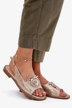 Best Damskie buty S.Barski Eleganckie Sandały Z Ozdobą Na Płaskim Obcasie S.Barski KV51-003 Różowe Złoto Złoty