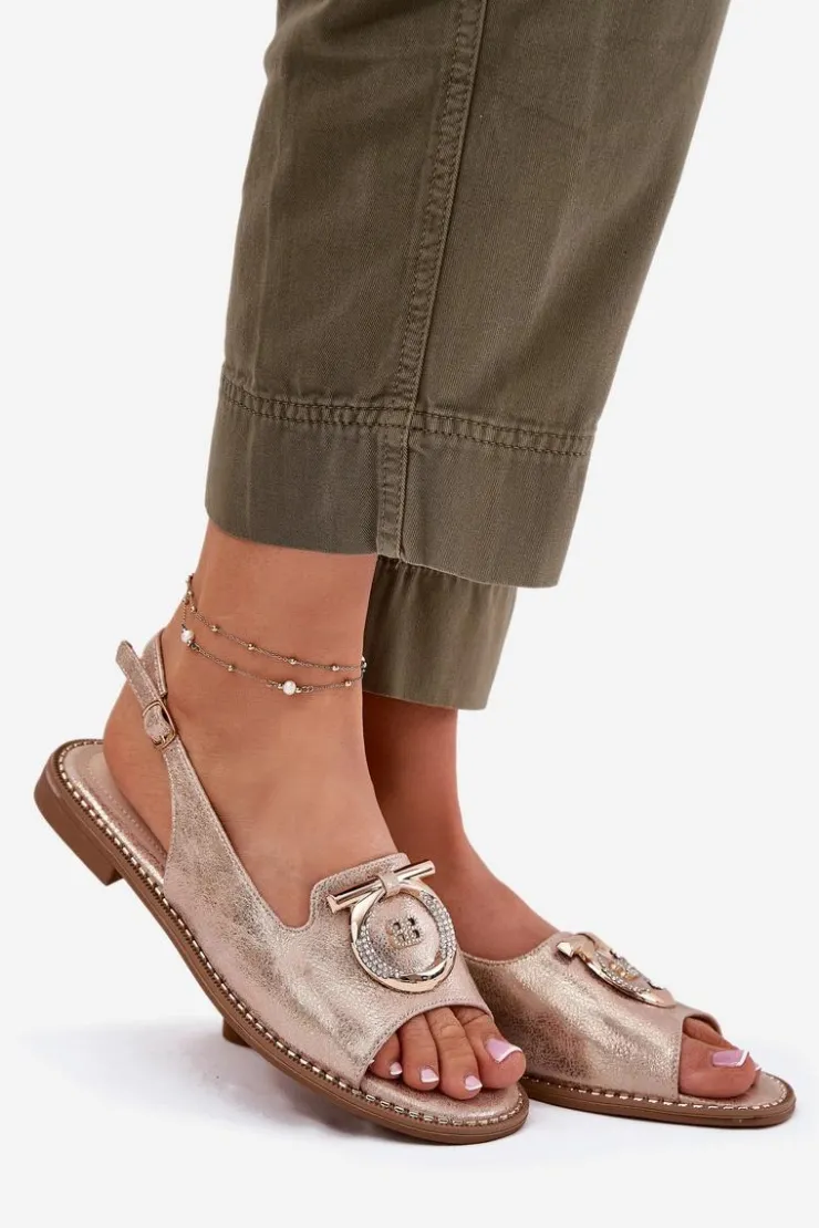 Best Damskie buty S.Barski Eleganckie Sandały Z Ozdobą Na Płaskim Obcasie S.Barski KV51-003 Różowe Złoto Złoty