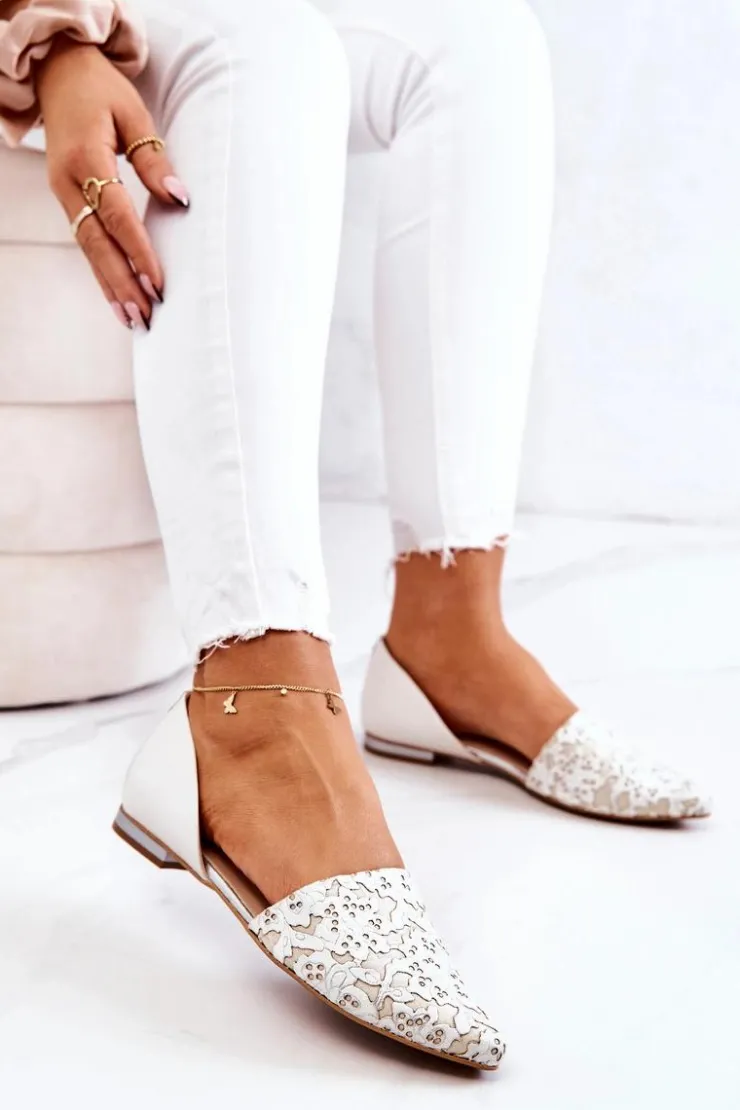 Clearance Laura Messi Eleganckie Skórzane Baleriny 1110 Beżowe