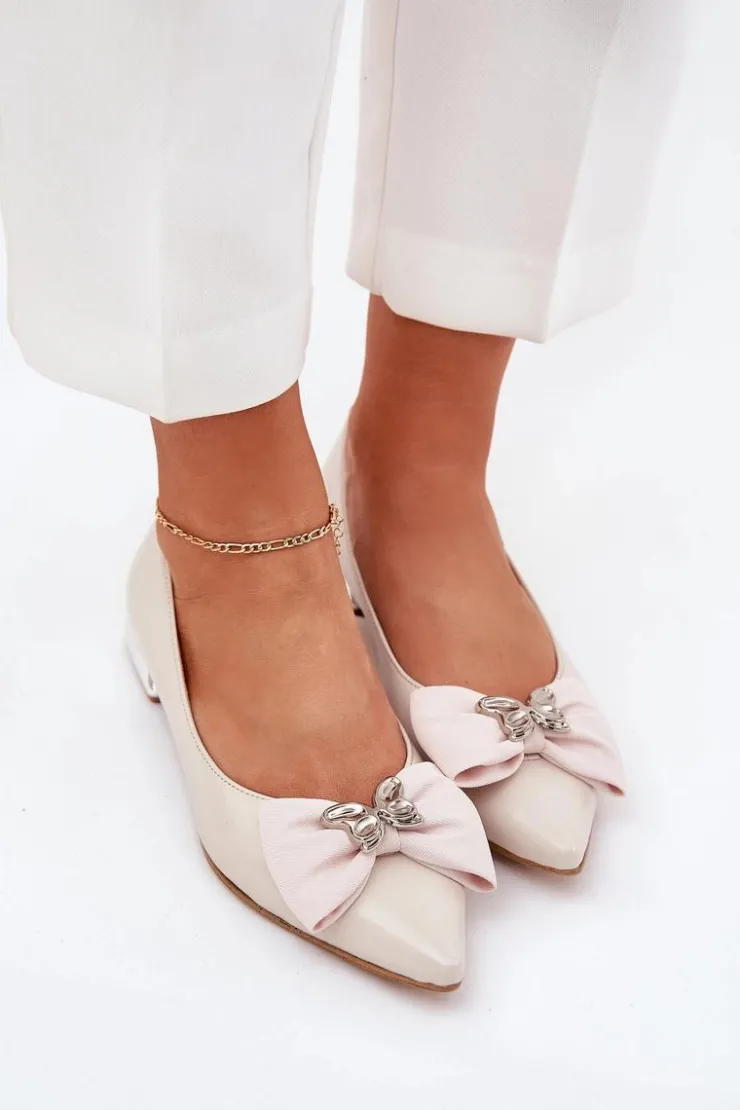 Best Laura Messi Eleganckie Skórzane Baleriny Damskie Z Kokardką 2893 Beżowe