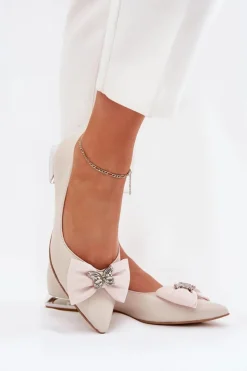 Best Laura Messi Eleganckie Skórzane Baleriny Damskie Z Kokardką 2893 Beżowe
