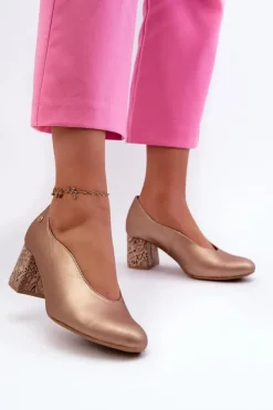 Damskie Maciejka Eleganckie Skórzane Czółenka Na Słupku 06422-25 Złote