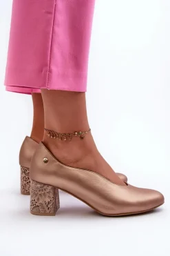 Damskie Maciejka Eleganckie Skórzane Czółenka Na Słupku 06422-25 Złote