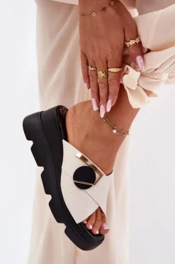 Artiker Klapki Na Koturnie|Klapki Damskie Klasyczne*Eleganckie Skórzane Klapki Damskie Na Koturnie Z Ozdobą 56C1585 Beżowe