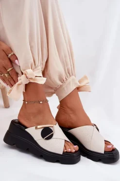 Artiker Klapki Na Koturnie|Klapki Damskie Klasyczne*Eleganckie Skórzane Klapki Damskie Na Koturnie Z Ozdobą 56C1585 Beżowe