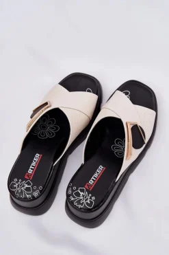 Artiker Klapki Na Koturnie|Klapki Damskie Klasyczne*Eleganckie Skórzane Klapki Damskie Na Koturnie Z Ozdobą 56C1585 Beżowe