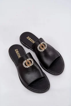 Zazoo Eleganckie Skórzane Klapki Damskie Z Ozdobą 3008 Czarne Czarny