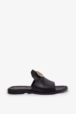 Zazoo Eleganckie Skórzane Klapki Damskie Z Ozdobą 3008 Czarne Czarny