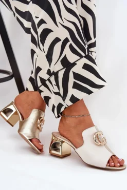 Online Laura Messi Eleganckie Skórzane Klapki Na Obcasie 2875 Beżowo-Złote