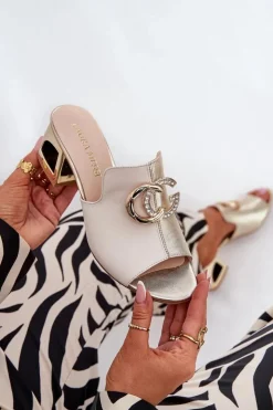 Online Laura Messi Eleganckie Skórzane Klapki Na Obcasie 2875 Beżowo-Złote