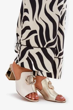 Online Laura Messi Eleganckie Skórzane Klapki Na Obcasie 2875 Beżowo-Złote