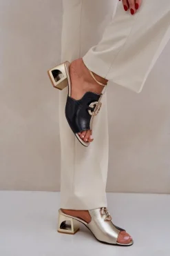 Hot Laura Messi Eleganckie Skórzane Klapki Na Obcasie 2875 Czarno-Złote