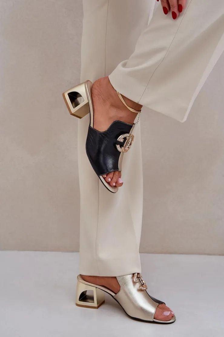 Hot Laura Messi Eleganckie Skórzane Klapki Na Obcasie 2875 Czarno-Złote