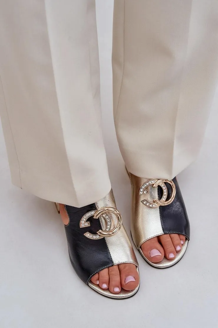 Hot Laura Messi Eleganckie Skórzane Klapki Na Obcasie 2875 Czarno-Złote