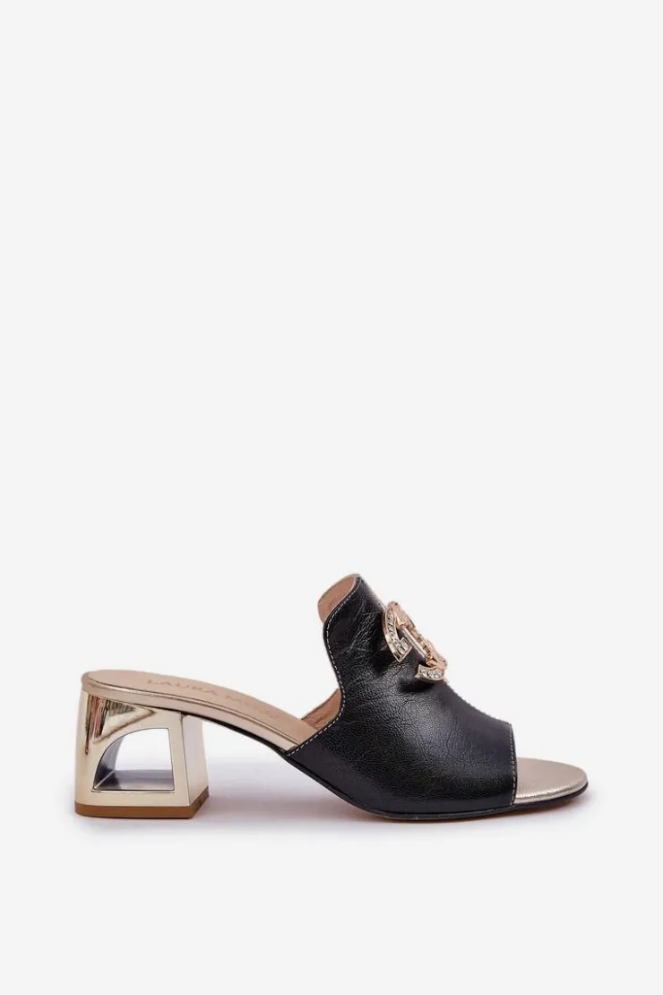 Hot Laura Messi Eleganckie Skórzane Klapki Na Obcasie 2875 Czarno-Złote