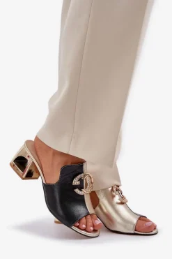 Hot Laura Messi Eleganckie Skórzane Klapki Na Obcasie 2875 Czarno-Złote