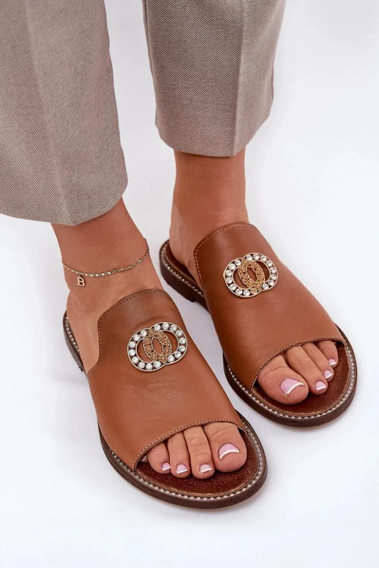 Online Zazoo Eleganckie Skórzane Klapki Damskie Z Ozdobą 3008 Camel Brązowy