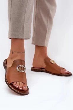 Online Zazoo Eleganckie Skórzane Klapki Damskie Z Ozdobą 3008 Camel Brązowy