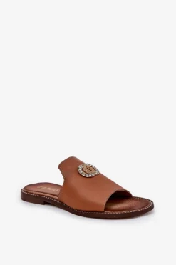 Online Zazoo Eleganckie Skórzane Klapki Damskie Z Ozdobą 3008 Camel Brązowy