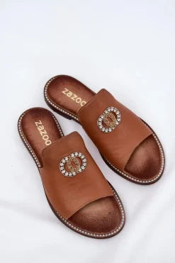 Online Zazoo Eleganckie Skórzane Klapki Damskie Z Ozdobą 3008 Camel Brązowy