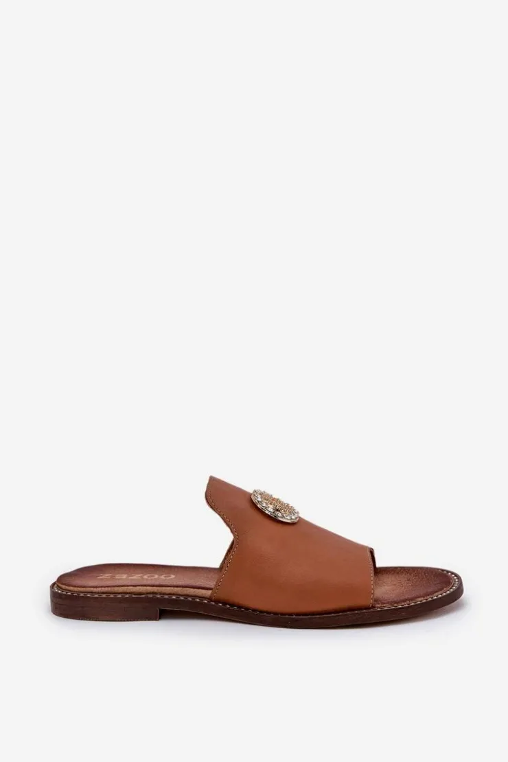 Online Zazoo Eleganckie Skórzane Klapki Damskie Z Ozdobą 3008 Camel Brązowy