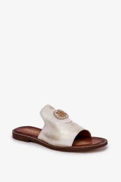 Zazoo Klapki Damskie Klasyczne*Eleganckie Skórzane Klapki Damskie Z Ozdobą 3008 Przecierany Złoty