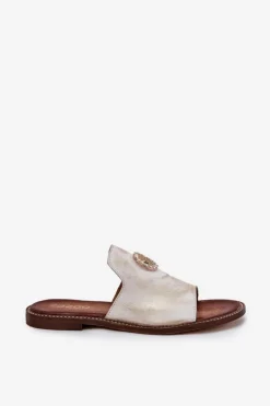 Zazoo Klapki Damskie Klasyczne*Eleganckie Skórzane Klapki Damskie Z Ozdobą 3008 Przecierany Złoty