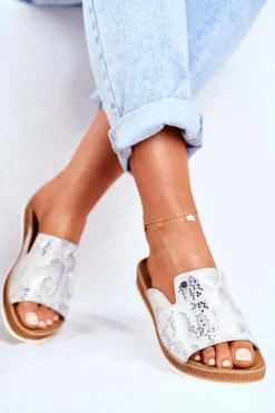 Discount Boto Eleganckie Skórzane Klapki Wzór Zwierzęcy Białe Nicole 2495