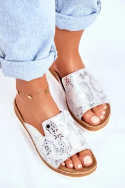 Discount Boto Eleganckie Skórzane Klapki Wzór Zwierzęcy Białe Nicole 2495