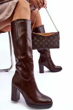 Clearance Boto Eleganckie Skórzane Kozaki Przed Kolano Na Słupku Brązowe Felsha