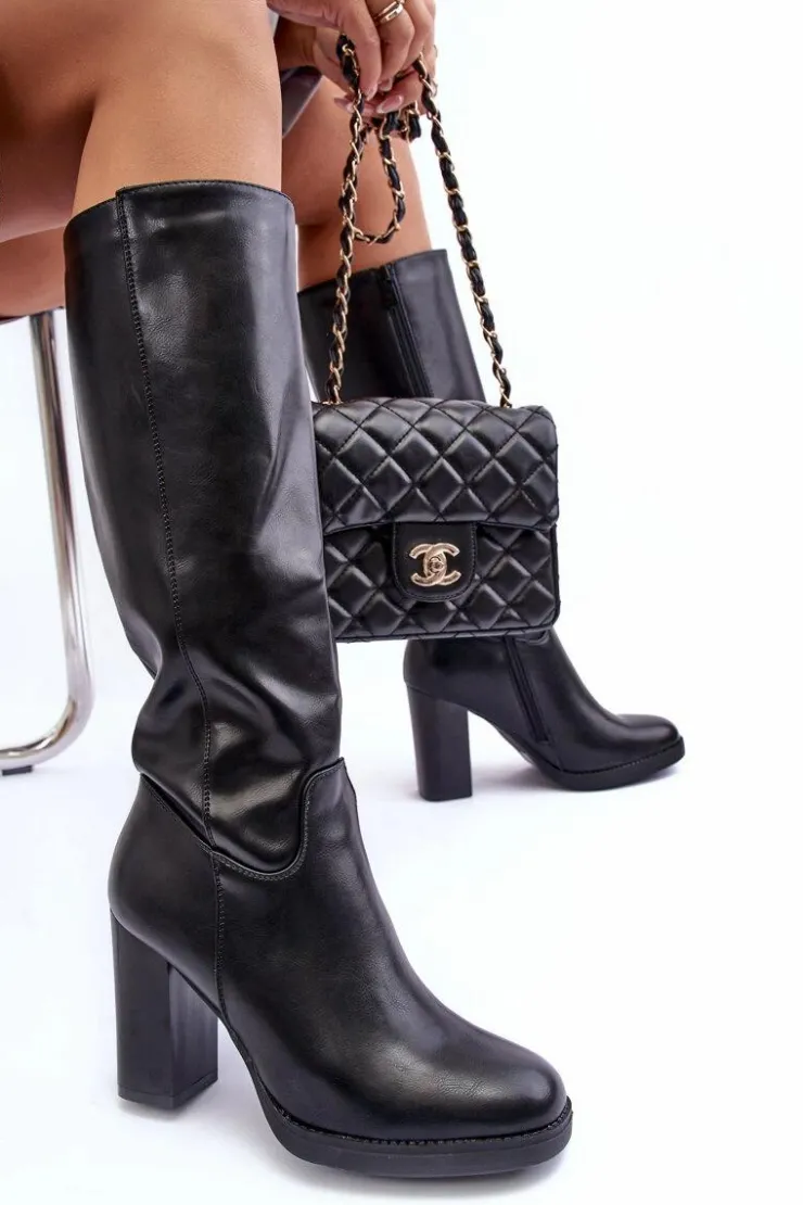 Boto Kozaki Przed Kolano|Kozaki Na Obcasie*Eleganckie Skórzane Kozaki Przed Kolano Na Słupku Czarne Felsha