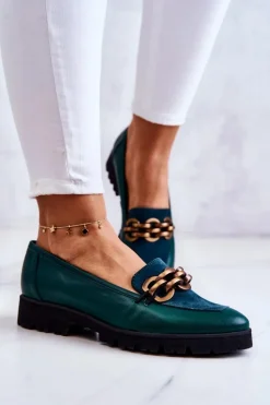 Boto Mokasyny Damskie Skórzane|Mokasyny Damskie Zamszowe*Eleganckie Skórzane Mokasyny Z Łańcuchem Zielone Geneva