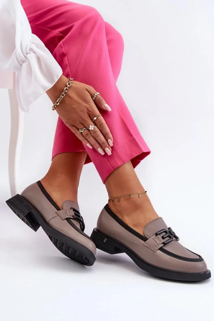 Buty damskie Vinceza Loafersy Damskie|Mokasyny Płaskie*Eleganckie Skórzane Mokasyny Damskie Ciemnobeżowe Triana Szary