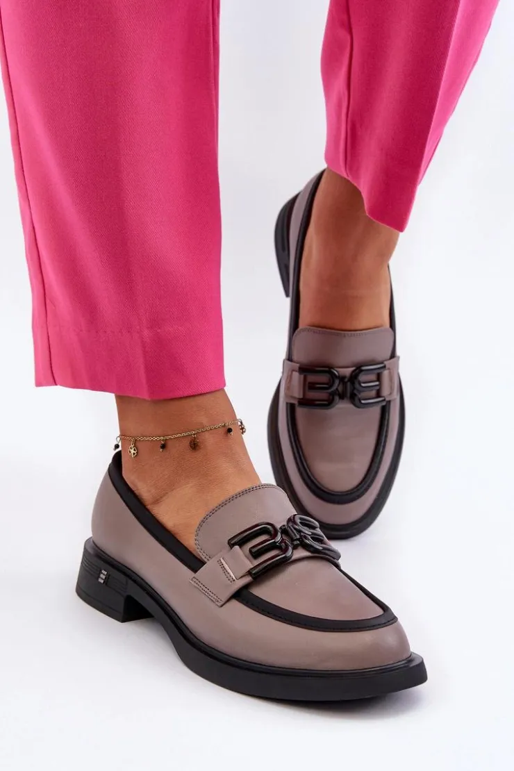 Buty damskie Vinceza Loafersy Damskie|Mokasyny Płaskie*Eleganckie Skórzane Mokasyny Damskie Ciemnobeżowe Triana Szary