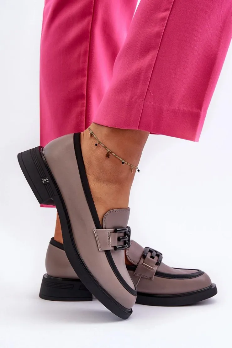 Buty damskie Vinceza Loafersy Damskie|Mokasyny Płaskie*Eleganckie Skórzane Mokasyny Damskie Ciemnobeżowe Triana Szary