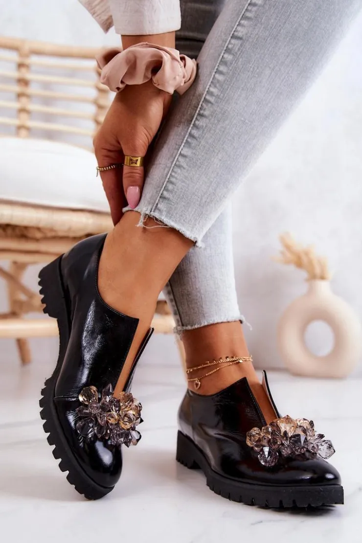 Damskie Boto Eleganckie Skórzane Półbuty Z Ozdobą Czarne Cindy