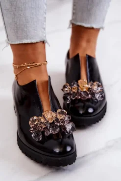 Damskie Boto Eleganckie Skórzane Półbuty Z Ozdobą Czarne Cindy