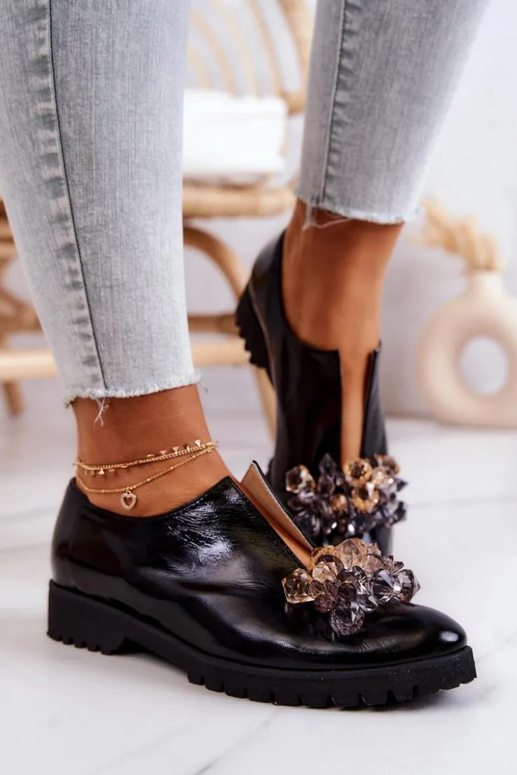 Damskie Boto Eleganckie Skórzane Półbuty Z Ozdobą Czarne Cindy