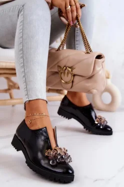 Damskie Boto Eleganckie Skórzane Półbuty Z Ozdobą Czarne Cindy