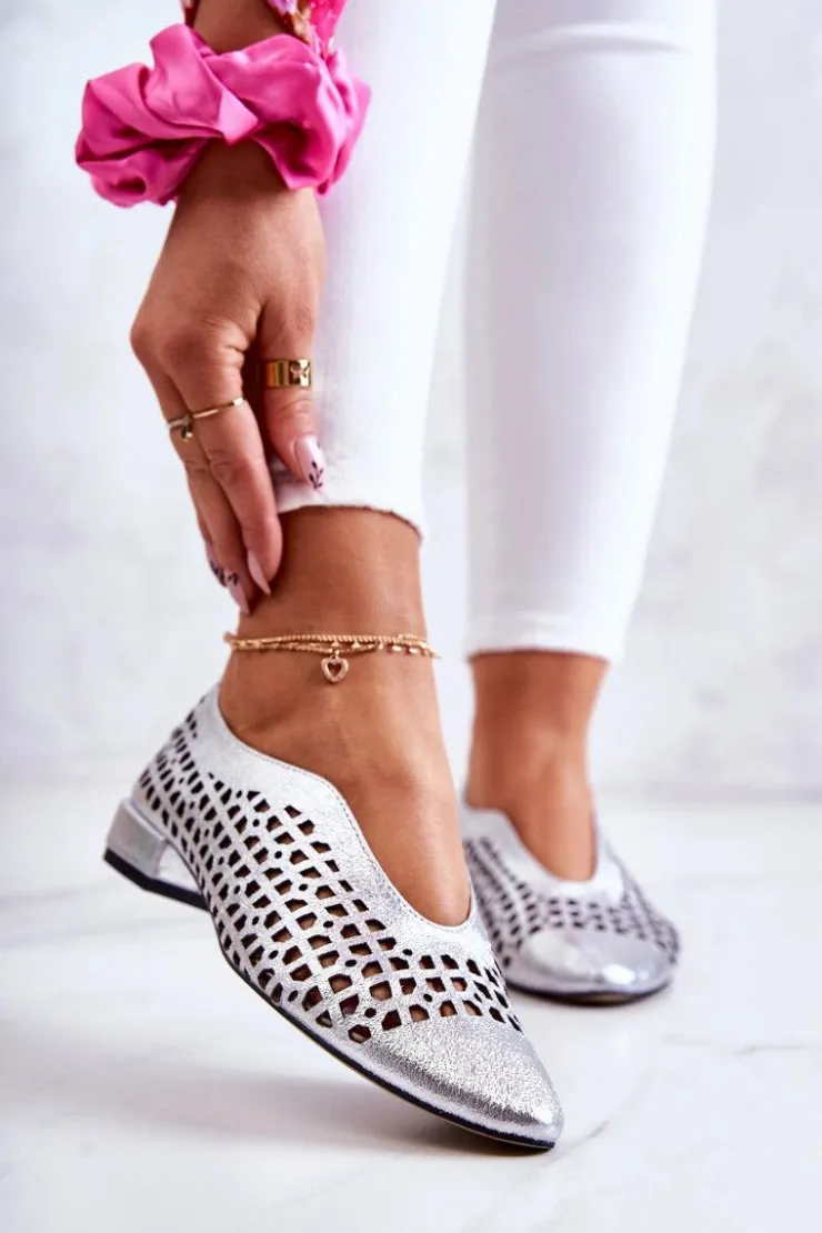 Best Boto Eleganckie Skórzane Półbuty Ażurowe Srebrne Ismena