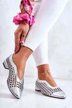 Best Boto Eleganckie Skórzane Półbuty Ażurowe Srebrne Ismena