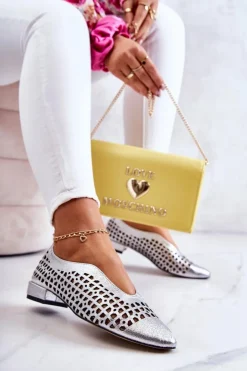 Best Boto Eleganckie Skórzane Półbuty Ażurowe Srebrne Ismena